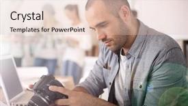  Presentation with internship - Presentation design having cheerful reporter working in office background and a lemonade colored foreground