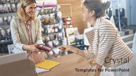  Presentation with credit card - Presentation theme enhanced with cheerful-saleswoman-processing-a-credit background and a coral colored foreground