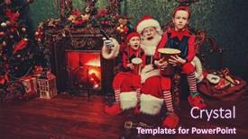  Presentation with elves - Slide set consisting of cheerful-santa-claus-and-elves background and a tawny brown colored foreground