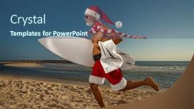  Presentation with beach party - Slides with cheerful-santa-claus-holds-towel background and a ocean colored foreground