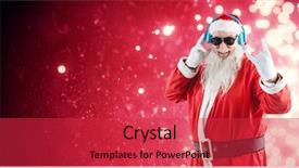  Presentation with shimmering - Amazing PPT theme having cheerful santa claus showing hand sign while listening to music on headphones against light design shimmering on red backdrop and a red colored foreground