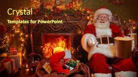  Presentation with movie popcorn - Colorful slide deck enhanced with cheerful-santa-claus-watching backdrop and a tawny brown colored foreground