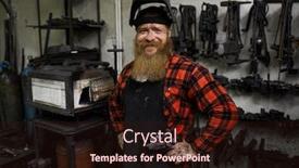  Presentation with workshop tools - Presentation with cheerful satisfied handsome welder in mask on head and apron smiling at camera and holding hands on hips in workshop with various tools hanging on wall background and a wine colored foreground