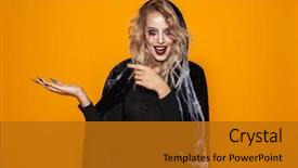  Presentation with international space station over - Amazing slide set having cheerful scary blonde woman witch backdrop and a gold colored foreground