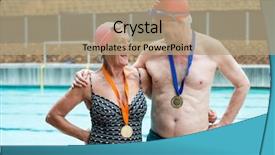  Presentation with senior couple - Slide deck with cheerful senior couple wearing medals background and a coral colored foreground