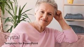  Presentation with joy - Presentation design having cheerful-senior-female-wearing-pink background and a coral colored foreground