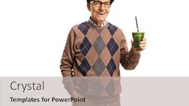  Presentation with healthy drink - Beautiful presentation featuring cheerful-senior-man-holding backdrop and a light gray colored foreground