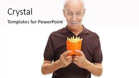  Presentation with bag - Theme consisting of cheerful senior man looking at a bag of fries isolated on white background background and a sky blue colored foreground