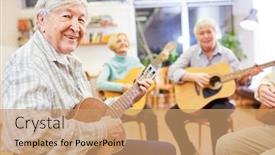  Presentation with community college - Presentation theme having cheerful-senior-man-playing-guitar background and a coral colored foreground