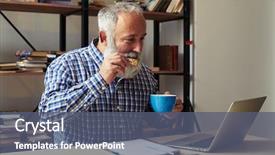  Presentation with cup coffee - PPT layouts having cheerful senior man with cookies background and a ocean colored foreground