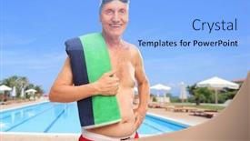  Presentation with swim - PPT theme enhanced with cheerful senior with a blue swim cap posing in front of an outdoor swimming pool background and a light blue colored foreground