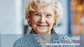  Presentation with black pearl - PPT theme consisting of cheerful senior woman in black background and a teal colored foreground