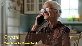  Presentation with family talking - Presentation design consisting of cheerful-senior-woman-in-eyeglasses background and a  colored foreground