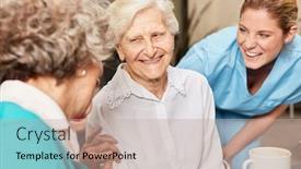  Presentation with nursing - PPT layouts enhanced with cheerful-senior-women-in-conversation background and a mint green colored foreground