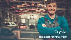  Presentation with workshop - PPT layouts with automotive paint shop - cheerful serviceman in a car background and a ocean colored foreground