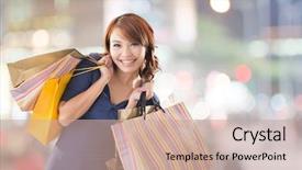  Presentation with woman pushing shopping trolley - PPT layouts with cheerful shopping woman of asian background and a coral colored foreground