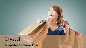  Presentation with woman pushing shopping trolley - Audience pleasing presentation design consisting of cheerful shopping woman of asian backdrop and a coral colored foreground