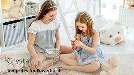  Presentation with cosmetics - Beautiful slides featuring cheerful-sisters-playing-with-cosmetics backdrop and a coral colored foreground