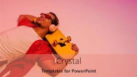  Presentation with neon - Presentation theme having cheerful-smiling-african-guy background and a coral colored foreground