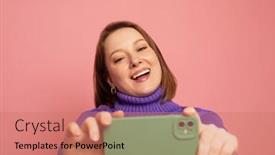  Presentation with pink colour - Slide deck featuring cheerful-smiling-funny-woman-40s background and a coral colored foreground