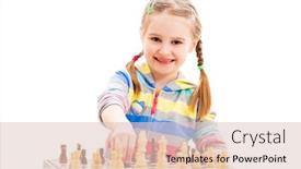  Presentation with chess - PPT theme consisting of cheerful smiling little girl is playing chess isolated on a white background background and a lemonade colored foreground