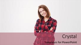  Presentation with cheerful - Amazing theme having cheerful smiling woman in plaid backdrop and a violet colored foreground