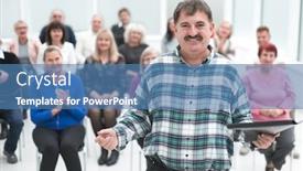  Presentation with speaker - Presentation theme featuring cheerful-speaker-standing-in-conference background and a teal colored foreground