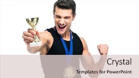  Presentation with winner cup - Slide set with cheerful sports man holding winner background and a lemonade colored foreground