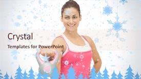  Presentation with snowflakes - Slides having cheerful sporty brunette holding grey and pink kettlebell against snowflakes and fir trees in blue background and a lemonade colored foreground