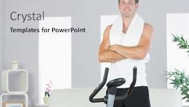  Presentation with exercise bike - Amazing presentation theme having cheerful sporty man standing next to exercise bike cross armed in bright living room backdrop and a light gray colored foreground