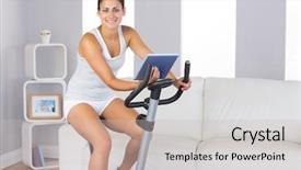  Presentation with exercise bike - PPT layouts consisting of cheerful sporty woman training on an exercise bike while holding a tablet smiling at camera background and a light gray colored foreground