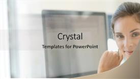  Presentation with desktop - PPT theme having cheerful startup girl working background and a  colored foreground