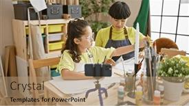  Presentation with recording studio - Theme featuring cheerful-student-and-her-art background and a coral colored foreground