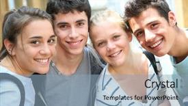  Presentation with school building - Theme consisting of cheerful students standing outside school background and a  colored foreground