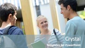  Presentation with school building - Audience pleasing slide deck consisting of cheerful students standing outside school building backdrop and a seafoam green colored foreground