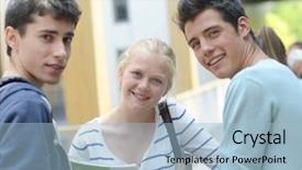  Presentation with school building - Colorful slide deck enhanced with cheerful students standing outside school backdrop and a  colored foreground