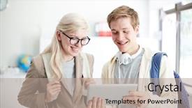  Presentation with students at academic institutions - Beautiful presentation theme featuring cheerful students with tablet watching backdrop and a  colored foreground