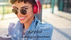  Presentation with listening woman - Beautiful slide deck featuring cheerful stylish woman listening music backdrop and a teal colored foreground