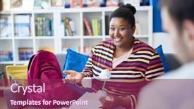  Presentation with molecules - Slide deck consisting of cheerful teacher instructing students learning background and a  colored foreground