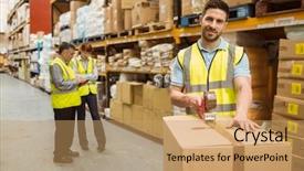  Presentation with warehouse cold storage - Presentation theme with cheerful team - smiling warehouse workers preparing background and a coral colored foreground