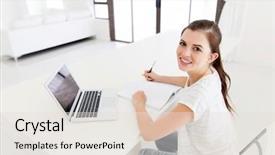  Presentation with teen girl - Slides having cheerful teen girl studying background and a sky blue colored foreground