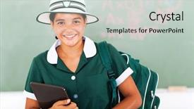  Presentation with teen girl - Presentation theme enhanced with cheerful teen school girl holding tablet computer in classroom background and a light gray colored foreground