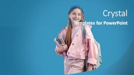  Presentation with jeans denim - PPT theme featuring cheerful-teenage-student-in-pink background and a teal colored foreground
