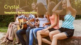  Presentation with teenagers - Presentation design with cheerful teenagers playing guitar and singing background and a tawny brown colored foreground