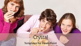  Presentation with teens - Audience pleasing PPT layouts consisting of potato free - cheerful teens eating crisps backdrop and a coral colored foreground