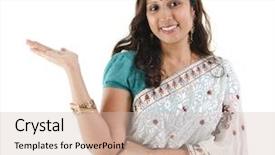  Presentation with indian traditional - Amazing theme having cheerful traditional asian indian woman backdrop and a soft green colored foreground