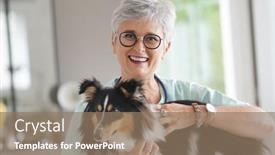  Presentation with dog - Beautiful PPT theme featuring cheerful-veterinarian-woman-with-dog backdrop and a coral colored foreground