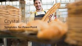  Presentation with bakery - PPT layouts featuring cheerful-waiter-holding-two-baguettes background and a coral colored foreground