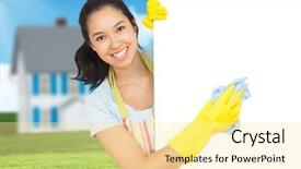  Presentation with pregnant woman cleaning - Cool new presentation with cheerful woman cleaning white surface backdrop and a  colored foreground