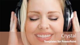  Presentation with listening woman - PPT theme consisting of cheerful woman closing her eyes while listening to music against a black background background and a coral colored foreground